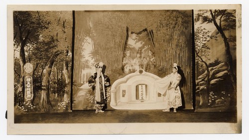 Two men at a grave site with an apparition of a lady and her two maids /