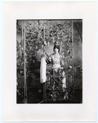 Kwai Fer Mui in classical dress with water sleeves poses in a wisteria arbor /