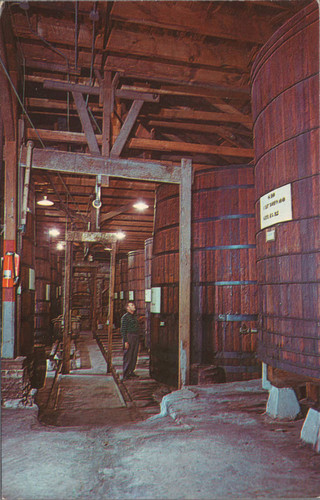 Postcard of wine cask at the Thomas Winery