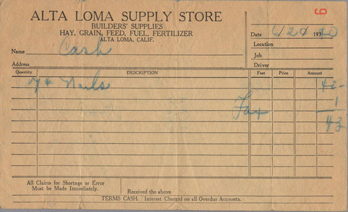 Alta Loma Supply Store receipt for nails
