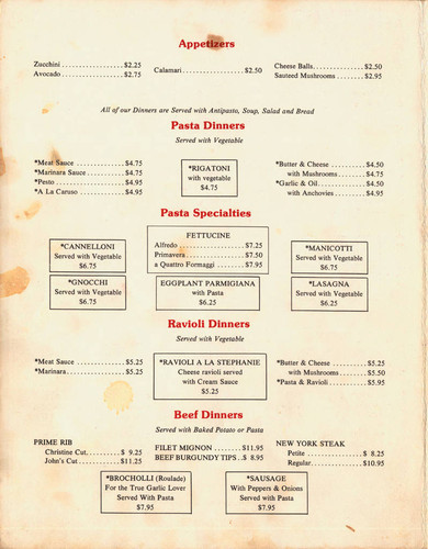 Prevedellos Regina restaurant menu