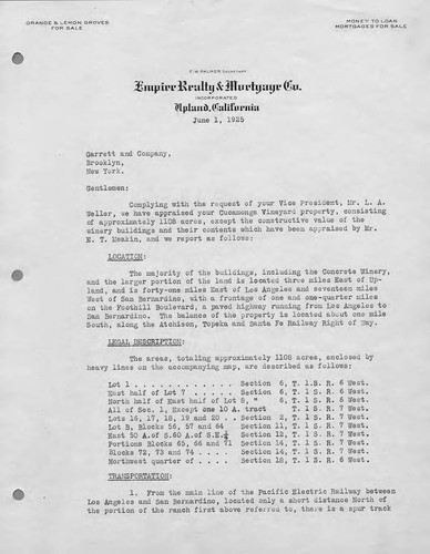Letter taken from appraisal book: 1925 Appraisal of Mission Vineyard properties by Empire Realty & Mortgage Co. Upland, CA