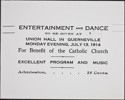 Promotional card announcing musical entertainment and dance at Union Hall, Guerneville, California, 1914
