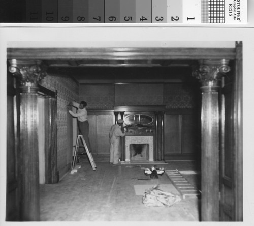 Workmen in the drawing room during the 1950s Brand Library renovation