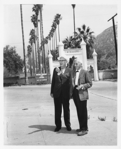 Gilbert Budwig and unidentified man at Brand Park front gate