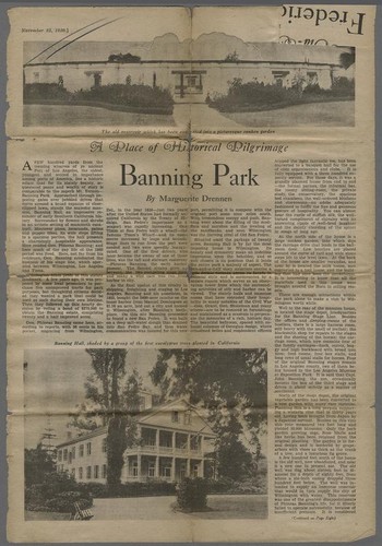 Photograph of article, Banning Park : a place of historical pilgrimage, by Marguerite Drennen, Los Angeles Times Sunday Magazine, 1930