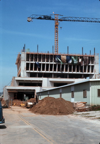 Inglewood City Hall construction with temporary library in foreground