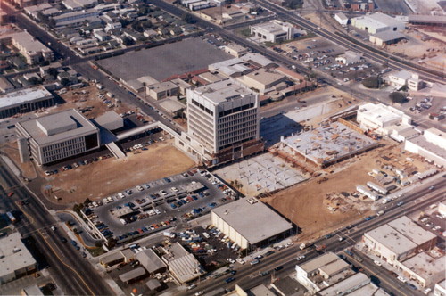 Aerial view of Inglewood Public Library and Inglewood City Hall