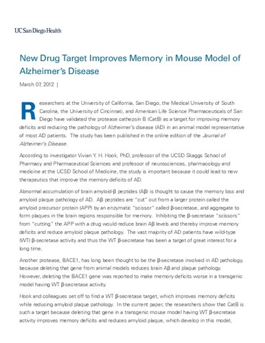 New Drug Target Improves Memory in Mouse Model of Alzheimer's Disease