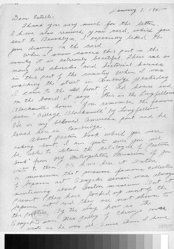 Letter, 1945 January 7, Cambridge, Mass. to Mrs. Estelle Ishigo, Heart Mtn., Wyo