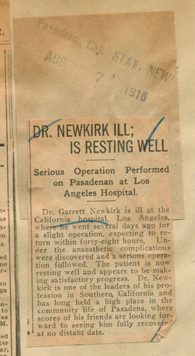 Dr. Newkirk ill, is resting well