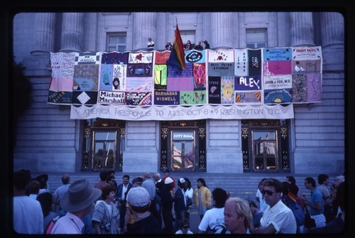 The NAMES Project AIDS Memorial Quilt panels displayed at San Francisco City Hall during San Francisco Lesbian and Gay Freedom Day Parade