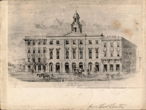 [Drawing of City Hall (formerly Jenny Lind Theatre #3) next to the Eldorado Hotel]