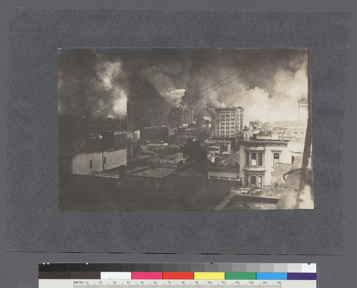 [Cityscape showing fire burning in South of Market district.]