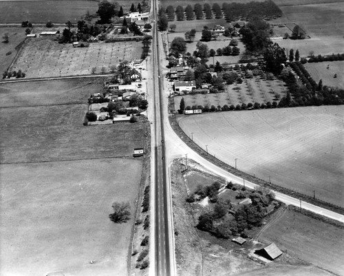 Aerial view of downtown Dublin and old Lincoln Highway 50 on the right, (1946), photograph