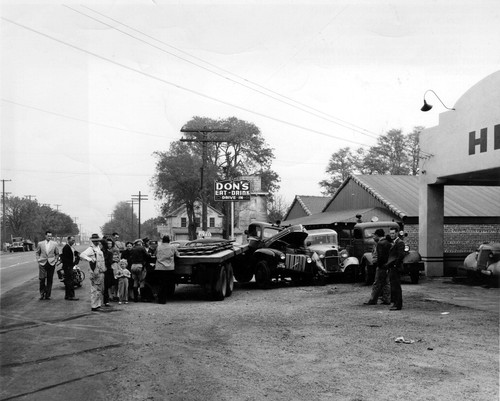 East view of truck accident (late 1930s - early 1940s), photograph