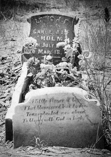 J.F. Louis Holm's headstone (1883-1884), son of Carl E. and I. F. Holm, (c. 1973), photograph