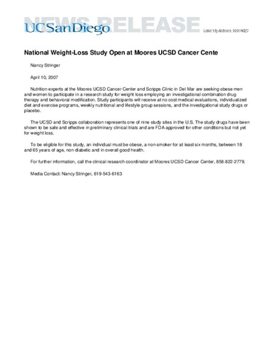 National Weight-Loss Study Open at Moores UCSD Cancer Center