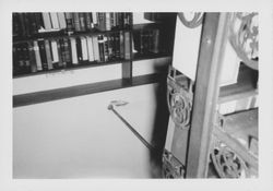 Book shelf support rod and wall damage in the crumbling Santa Rosa, California Carnegie Library, 1960