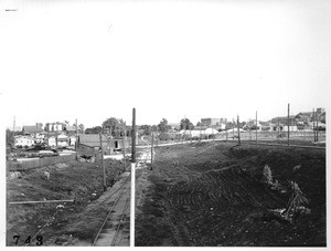 View looking east from Second Street viaduct over P.E.Ry., Santa Monica, Los Angeles County, 1927