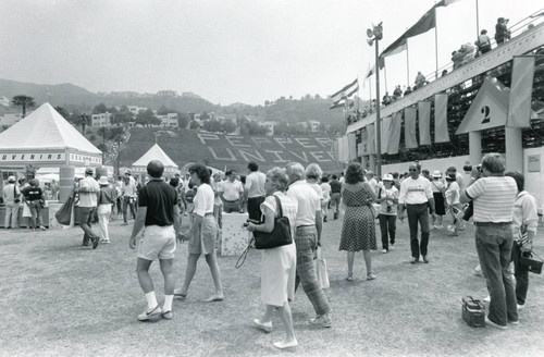 Spectators outside of an Olympic water polo match at Pepperdine University, 1984