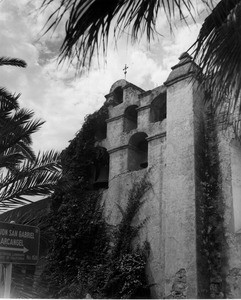 A view of the San Gabriel Mission belfry, which holds five bells of varying sizes cast in 1795, 1828, and 1830