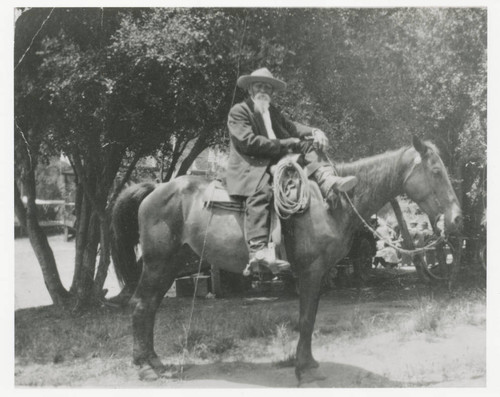 Francisco Trujillo on horseback at a public gathering in Santa Monica Canyon, California
