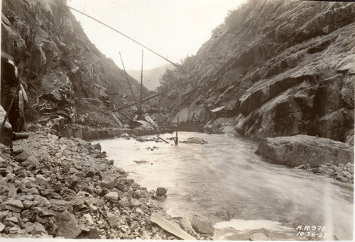Coffer dam and by-pass flume during high water; Balch Afterbay Dam