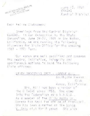 California State Association of Colored Women's Clubs, Inc. Central District letter