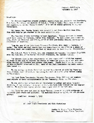 California State Association of Colored Women's Clubs, Inc. History Committee letter