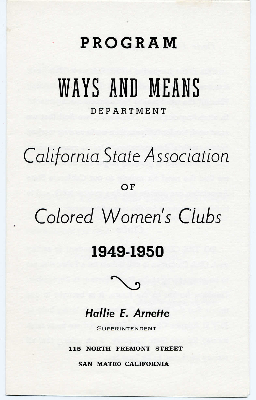 California State Association of Colored Women's Clubs, Inc. Ways and Means Department 1949-1950 program