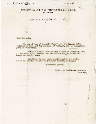 Letter from Rosie E. DerBigny to Mary Church Terrell re: Benefit for Fannie Wall Children’s Home and Day Nursery, Inc