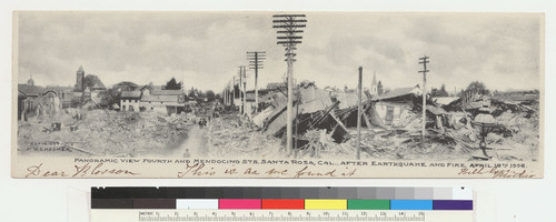 Panoramic view Fourth and Mendocino Sts., Santa Rosa, Cal., after the earthquake and fire, April 18, 1906. [manuscript, recto: "Dear Blossom--This is as we found it. With love, Mother." Postcard.]