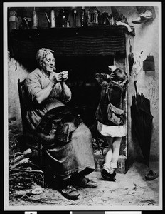 The painting "His Only Pair" by Sauza Pinto, depicting a grandmother mending a young boy's trousers