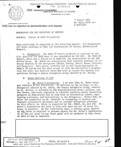 G. Warren Nutter memo to secretary of defense on status of SALT preparation, with attachment