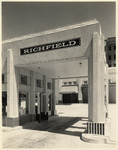 [Exterior service station and market detail views of Richfield Market and Service Station, 6th & Rampart, Los Angeles] (2 views)