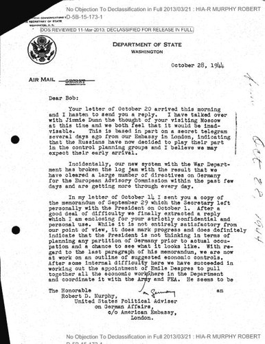 H. Freeman Matthews letter to Robert Murphy regarding visit to Moscow