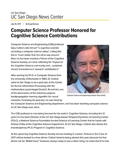 Computer Science Professor Honored for Cognitive Science Contributions