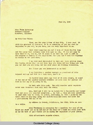 Letter from Remsen Bird to Helen Matsunaga, June 13, 1945