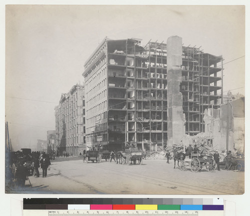 [View east on Market St. from near Third St. Palace Hotel, left center; Monadnock Building, center; ruins of Hearst Building, right.]
