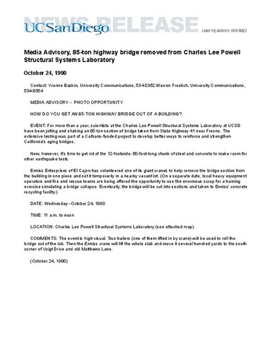 Media Advisory, 85-ton highway bridge removed from Charles Lee Powell Structural Systems Laboratory