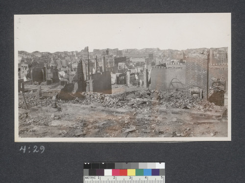 [View of San Francisco in ruins, from Nob Hill looking east. Hall of Justice in distance, center.]