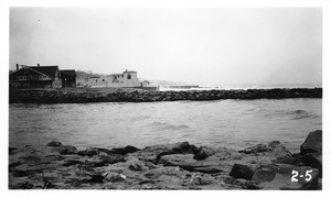 Looking south from foot of 60th Avenue across new Ballona Creek Channel and rock jetties, Los Angeles County, 1940