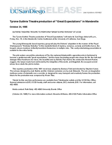 Tyrone Guthrie Theatre production of "Great Expectations" in Mandeville