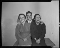 Mary Moore, Harold Newell and Patricia Reilly of USC during Homecoming preparations, Los Angeles, 1935