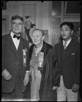Joseph Mesmer, Mary Franklin and Kay Sugahara at the banquet at the Kawafuku Cafe for the 2nd annual Nisei festival, Los Angeles, 1935