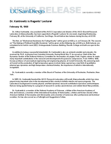 Dr. Kantrowitz is Regents' Lecturer