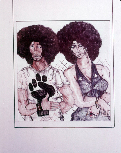 Drawing: man and woman with black power fist on shirt