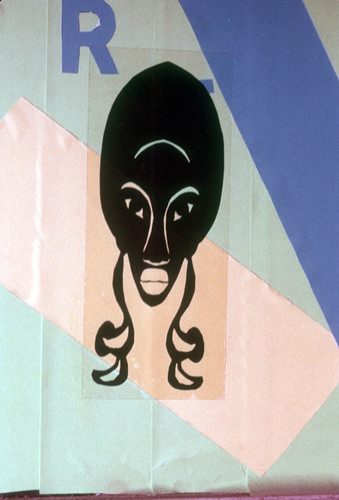 Painting: stylized woman's face with the letter R — Calisphere
