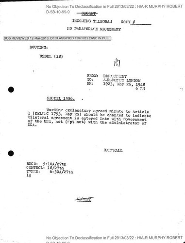 Marshall cable to American Embassy, London, regarding Article 1